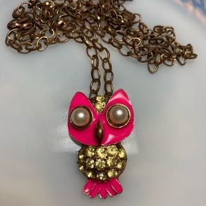 Owl Necklace Rolo Brass 32” Chain Lt Grn Pave Crystals Big Eyes Hot Pink VTG